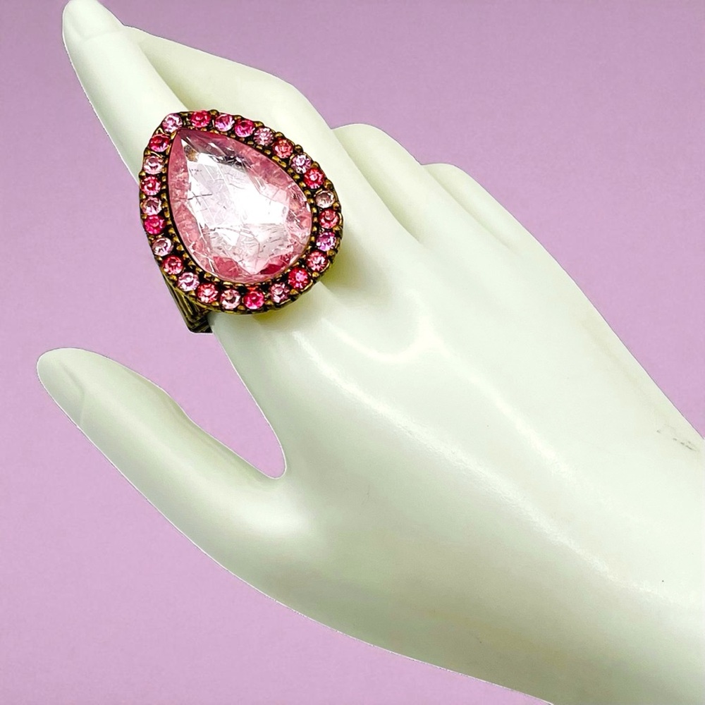 Statement Stretch Pink Lucite Teardrop Ring in Rhinestone Halo Setting